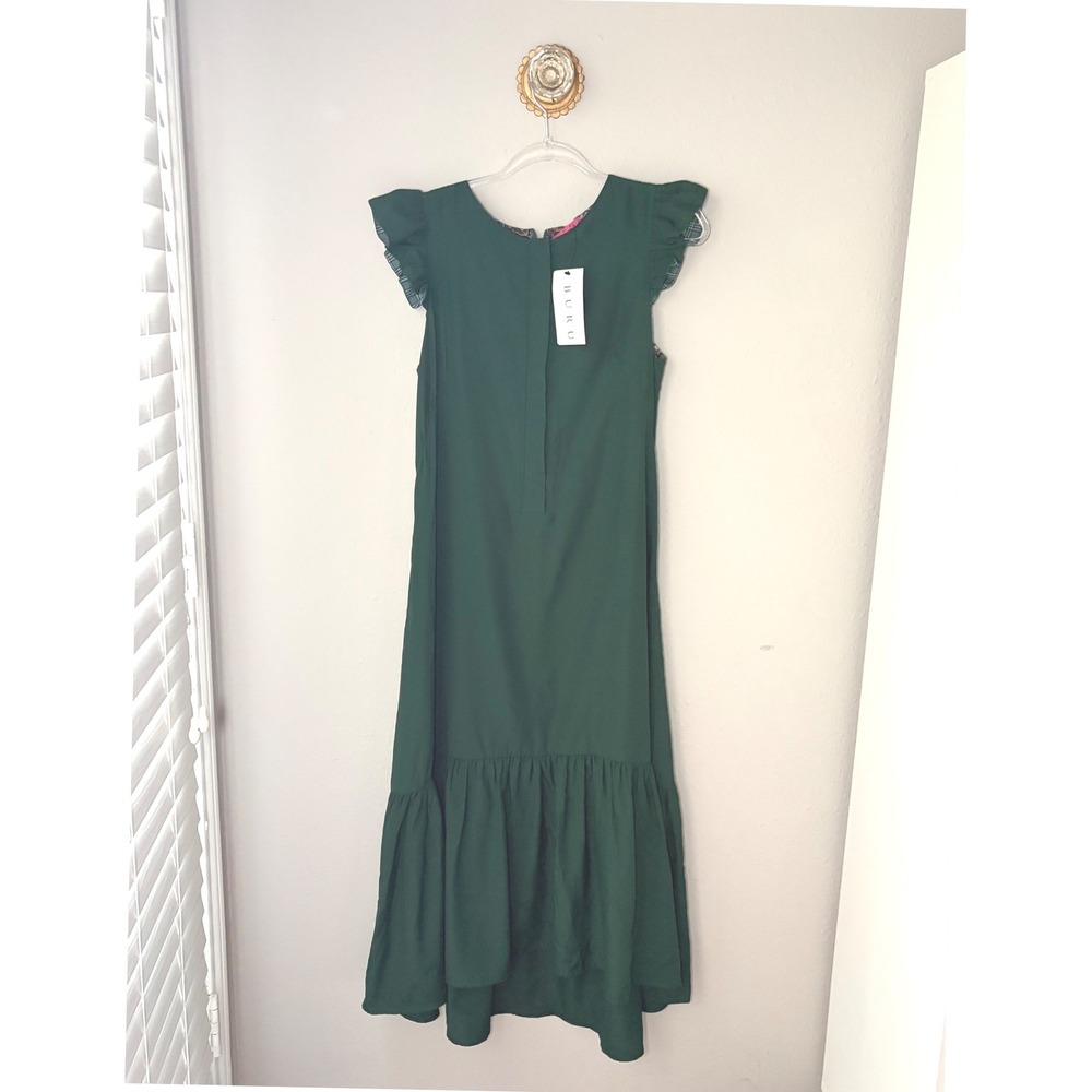 NWT BURU Emerald Green Ruffle Maxi Dress Mixed Print Plaid Paisley
